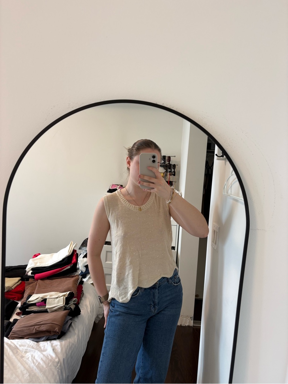 Casual Sparkly Knit Tank Top in Cream